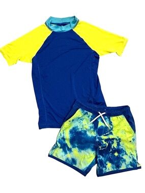 Lands' End Blue, Yellow & Teal Kids Rash Guard Swim Set
